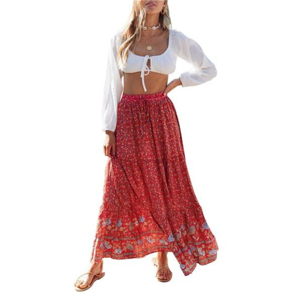 Womens 2024 Bohemian Floral Printed Elastic Waist A Line Maxi Skirt with Pockets